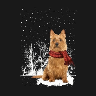 Christmas Australian Terrier With Scarf In Winter Forest T-Shirt