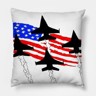 F16 Falcons flying over Flag Pillow