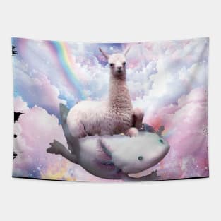 Space Llama Riding Axolotl - Rainbow Tapestry