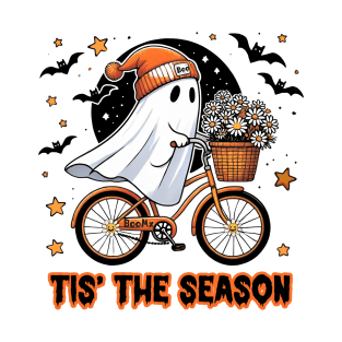 Cute Ghost Riding Bicycle Bike Floral Hat Pumpkin Halloween T-Shirt