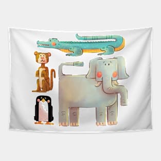 Elephant Crocodile Monkey Penguin Tapestry