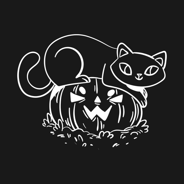 Cat sits casually on a laughing pumpkin by rueckemashirt