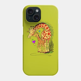 Affectionate giraffe mother nuzzling her calf surrounded by hearts and foliage Phone Case