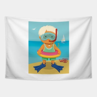 Cute little boy is on vacation dressed for snorkeling in the turquoise sea Tapestry