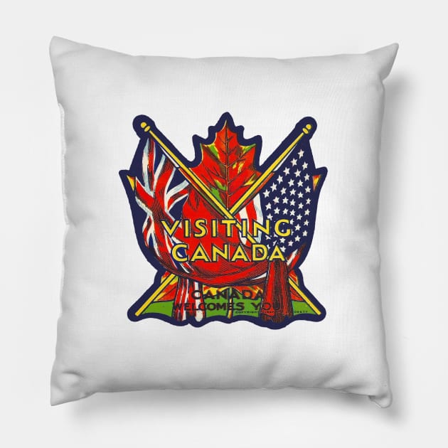 Visiting Canada Antique Travel USA American Canadian Flag Pillow by DD2019