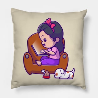 Cute Girl Operating Laptop With Puppy Cartoon Pillow