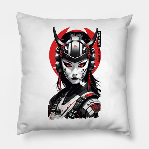 Japanese Samurai Woman - Ukiyo Cyber Style Pillow by pibstudio. 