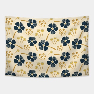 Abstract Floral Pattern in Navy Blue, Mustard Yellow and Cream Tapestry