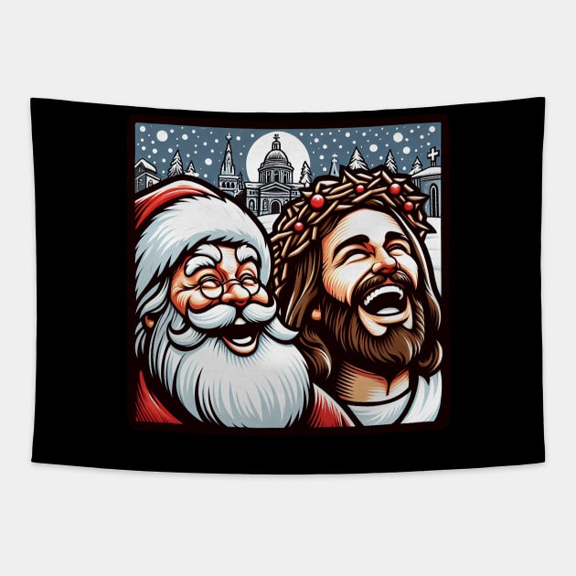 Most Wonderful Time Of The Year Jesus Santa Claus Church Christmas Carols Tapestry by Plushism