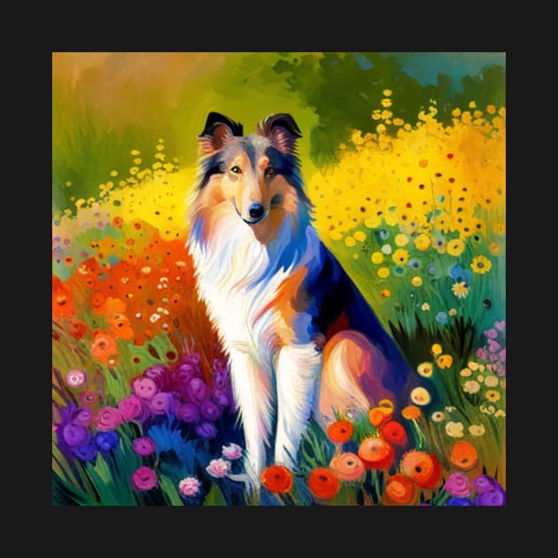 Rough Collie in a Flower Field by DestructoKitty