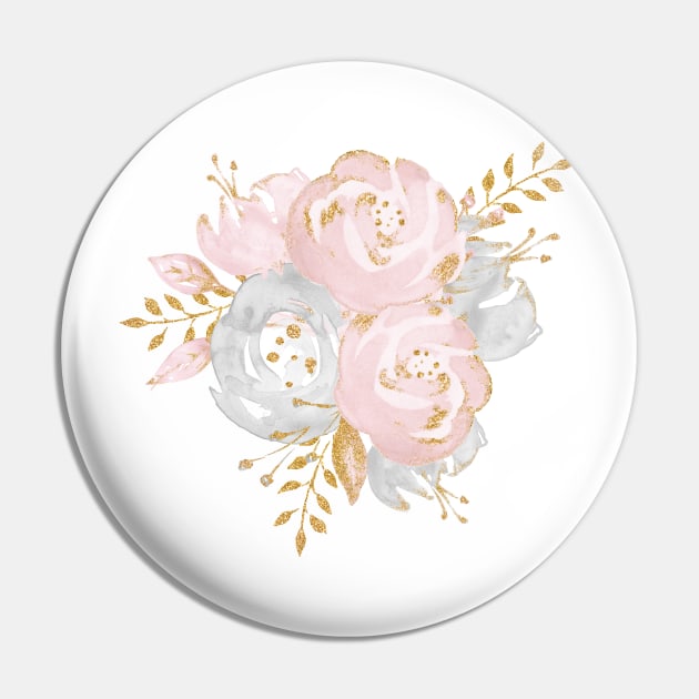 Gold Glitter Rosegold Pink Watercolor Bouquet Pin by NatureMagick