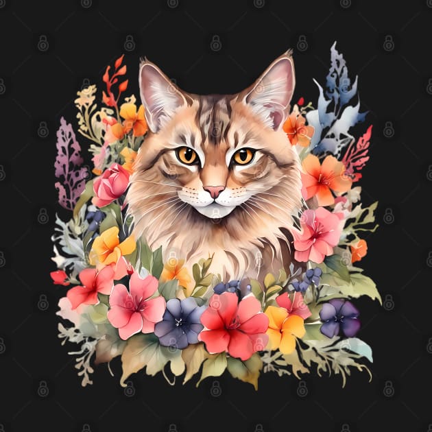 A norwegian forest cat decorated with beautiful watercolor flowers by CreativeSparkzz