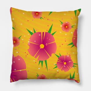 Circle Abstract Pink Flowers On Yellow Background Pillow