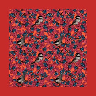 Chickadee birds on blueberry branches in red T-Shirt