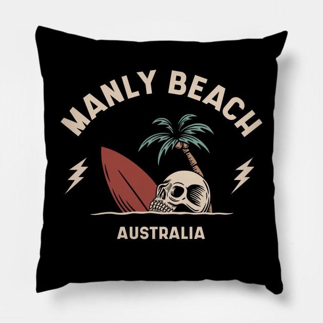 Vintage Surfing Manly Beach Australia // Retro Surf Skull Pillow by Now Boarding