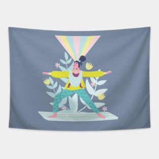 Woman doing yoga with child in sling Tapestry