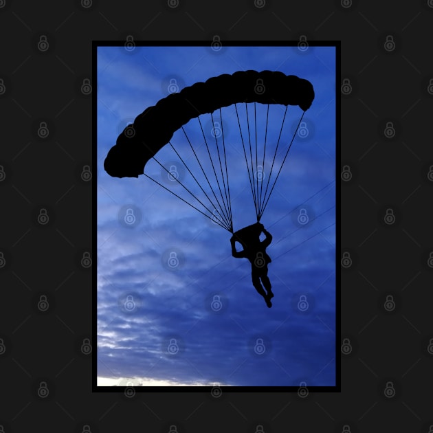 Parachuter Silhouette in Beautiful Blue Sky with a Black Border by Blue Butterfly Designs 