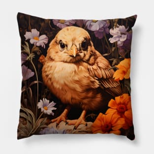 Retro Vintage Art Style Baby Chick in Field of Wild Flowers - Whimsical Farm Pillow