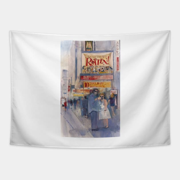 Something Rotten - Broadway Musical - Selfie - New York Theatre District Watercolor Tapestry by dfrdesign