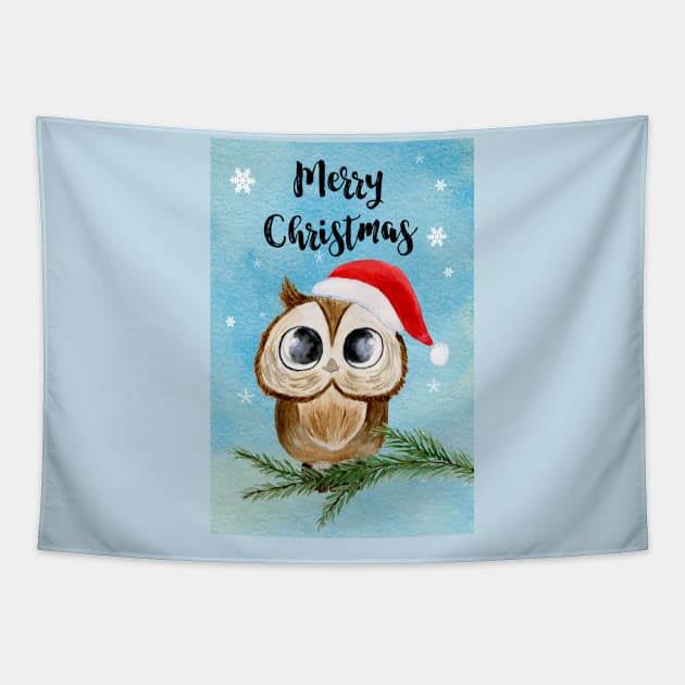 Watercolo Christmas Owl Tapestry by KinkymeArt