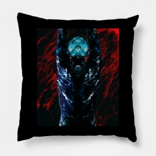 Portrait, digital collage and special processing. Men's back. Mystic. Energy waves. Red and dark blue. Pillow