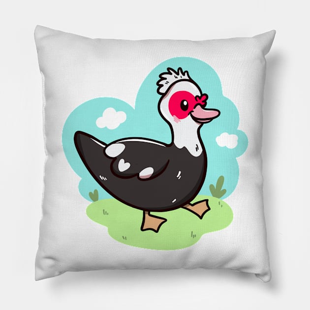 Kawaii Muscovy duck Pillow by Jurassic Ink