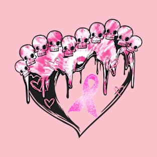 Skull Heart Pink Ribbon Breast Cancer Halloween T-Shirt