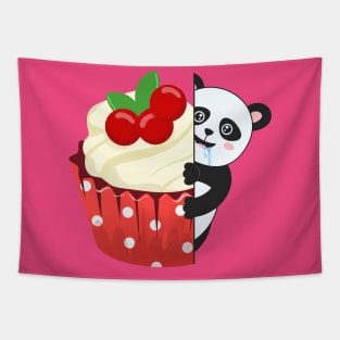 Hungry panda try to eat cupcake Tapestry