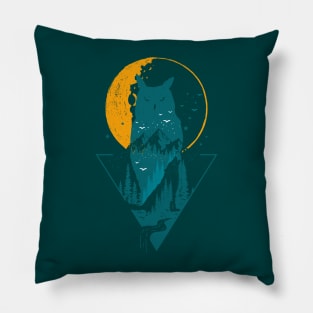 Classy and Minimalist Double Exposure WOLF and OWL Teal and Orange Moon Night Pine Trees Forest Illustration Pillow