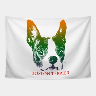 The boston terrier head is Violet, Green, Orange Tapestry