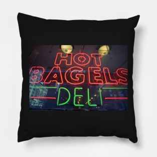 Hot Bagels Deli neon sign in New York City Pillow