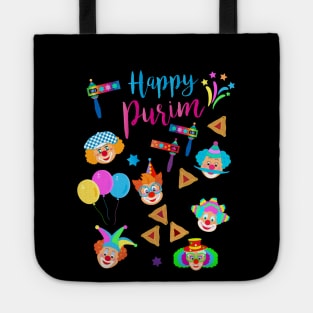 Happy Purim Kids Party Gifts Decoration Jewish Holiday Traditional symbols. Hamantaschen cookies, gragger toy noisemaker, clowns, balloons, masks, stars of David. Carnival. Tote