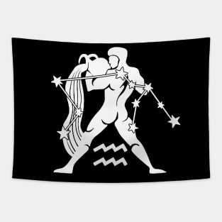 Aquarius - Zodiac Astrology Symbol with Constellation and Water Bearer Design (White on Black, Symbol Only Variant) Tapestry