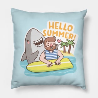 Funny Shark And Surfer, Hello Summer Pillow