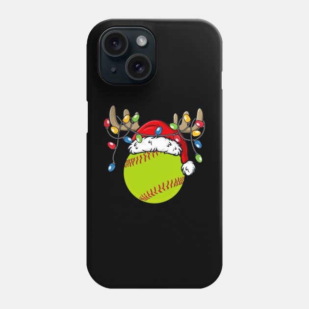 Softball With Santa Hat Reindeer Antlers Christmas Lights Phone Case by Kimko