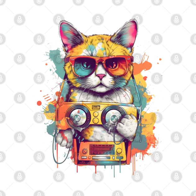 Playful cat wearing sunglasses and holding a boombox by ORart