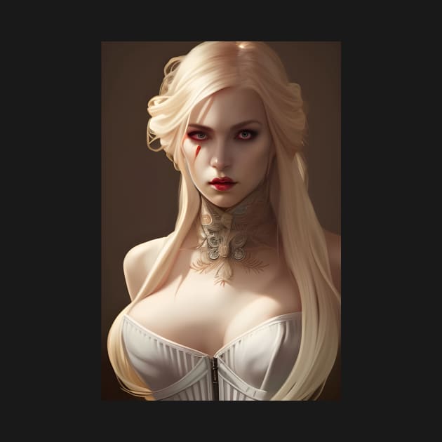 Sexy Blonde Vampire in White Corset Dress with Gold Choker by PrancingPeekees