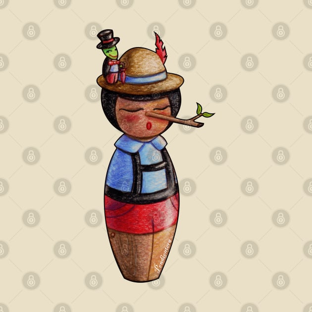 Kokeshi Pinocchio and the Cricket by Pendientera