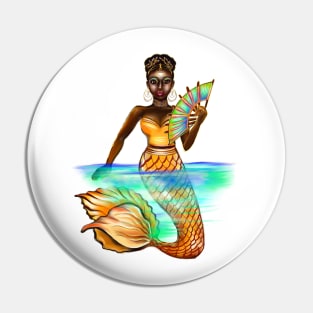 mermaid with gold scales and fan, brown eyes curly Afro hair and dark brown skin. Black mermaids Pin