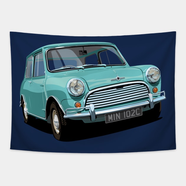 classic mini cooper in seafoam Tapestry by candcretro