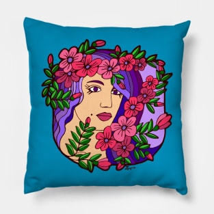 Woman with Purple Hair and a Garland of Pink Flowers Pillow