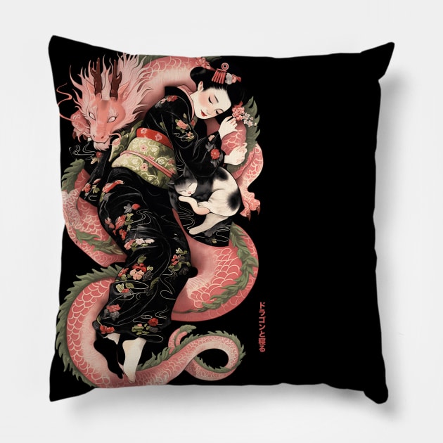 Japanese Girl With Dragon and Cats 2 T-Shirt 08 Pillow by ToddT