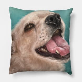 Painting of a Happy Blond Labrador Smiling on Light Blue Background Pillow