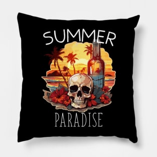 Skull and Empty Bottle - Summer Paradise (White Lettering) Pillow