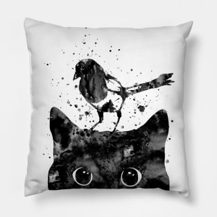 Peeking cat and Magpie Pillow