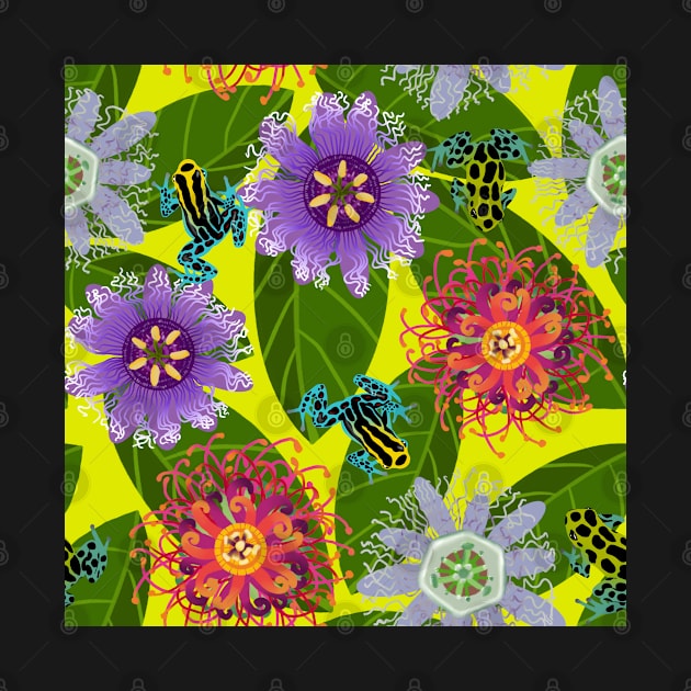 Pretty Poisons: Passionflowers and Poison Dart Frogs on Acid Yellow by brittanylane