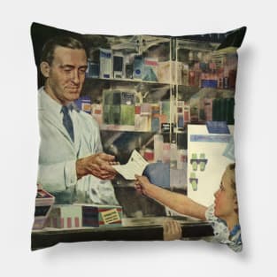 Vintage Science and Medicine, Pharmacist with a Customer at Pharmacy Pillow