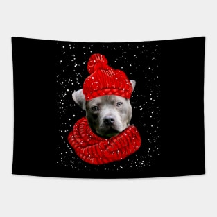 Pitbull Wearing Red Hat And Scarf In Snow Christmas Tapestry