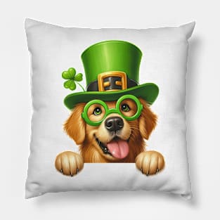 St Patricks Day Peeking Golden Retriever Dog Pillow