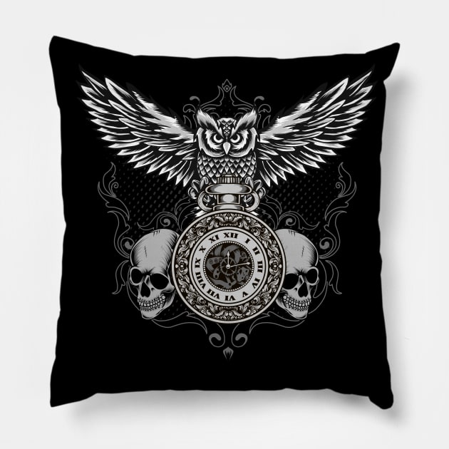 Owl With Clock Skull Time Steampunk Illustration Pillow by Foxxy Merch